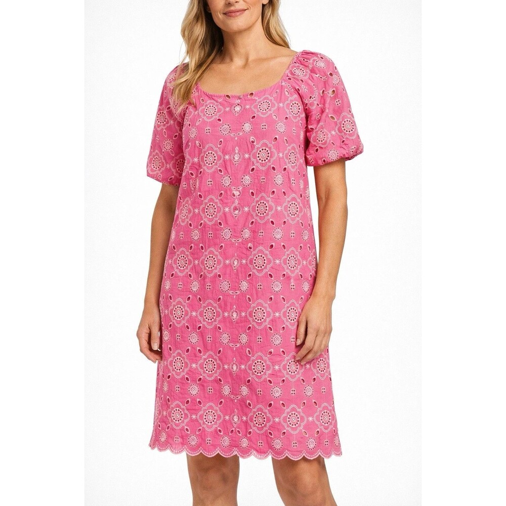 Talbots Plus Pink Embroidered Eyelet Puffed Sleeve Shift Dress Sz 18W